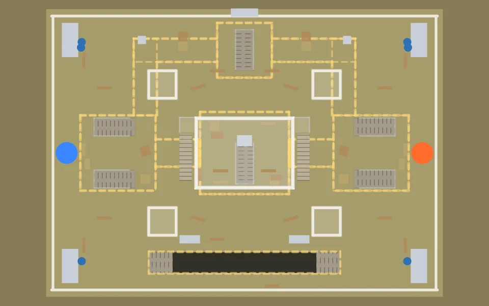 Overhead plan of Deep Six: cover, paths and both teams' start points