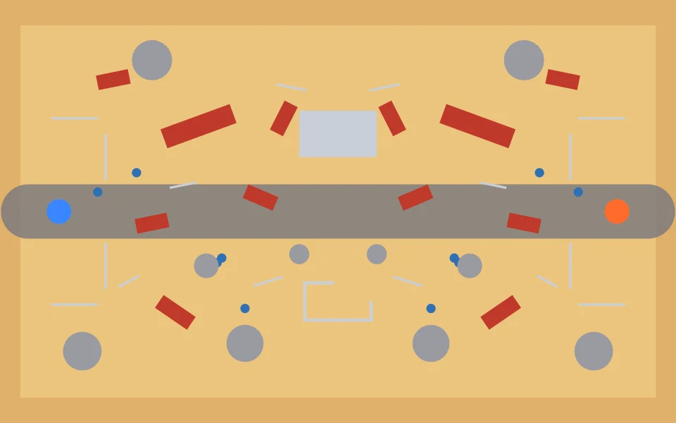Overhead plan of Dustbowl: cover, paths and both teams' start points