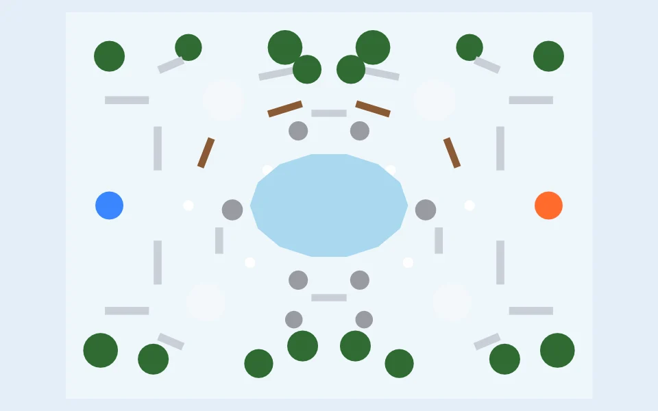 Overhead plan of Frostbite: cover, paths and both teams' start points