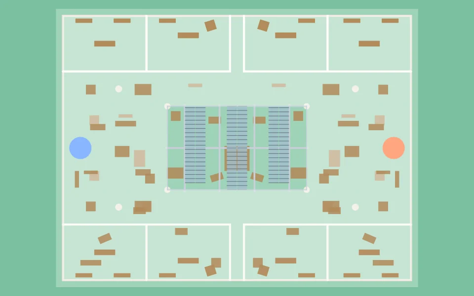 Overhead plan of Galleria: cover, paths and both teams' start points