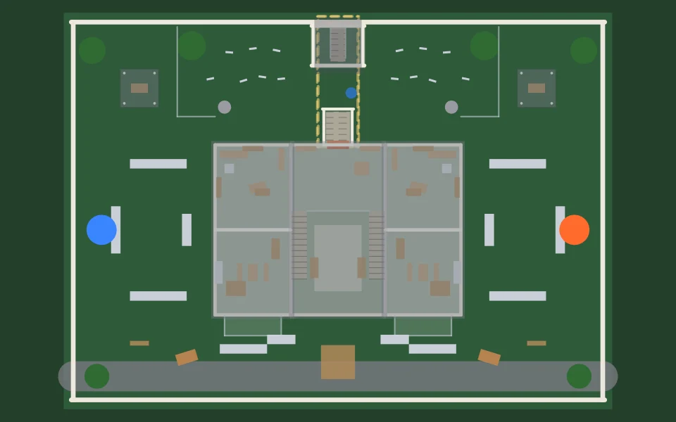 Overhead plan of Hollowmere: cover, paths and both teams' start points