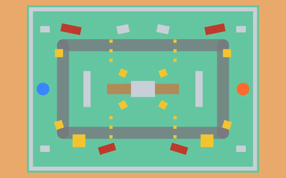 Overhead plan of Recess: cover, paths and both teams' start points