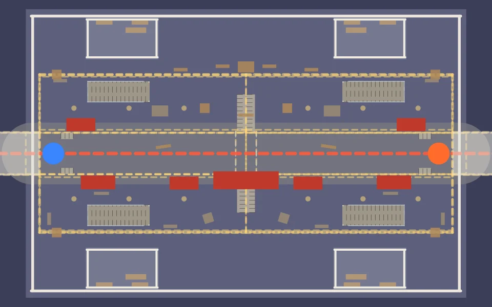 Overhead plan of Last Stop: cover, paths and both teams' start points