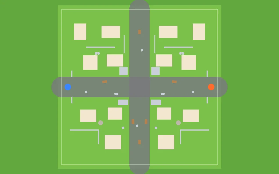 Overhead plan of Village: cover, paths and both teams' start points