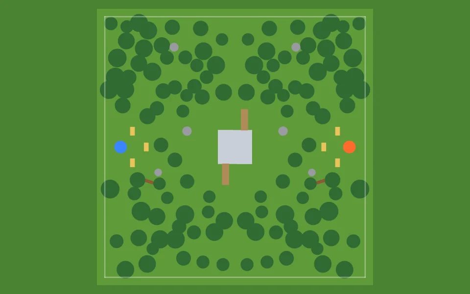 Overhead plan of Woodsball Forest: cover, paths and both teams' start points